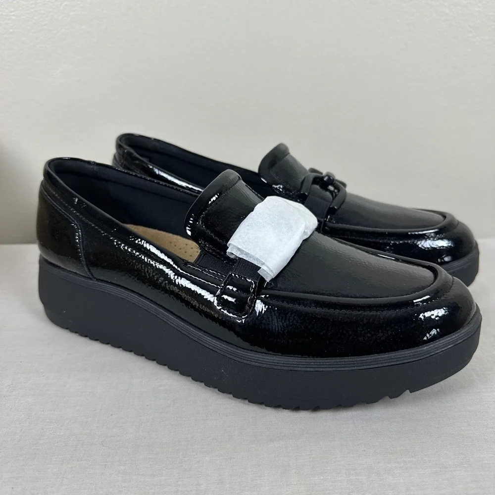 Clarks Women's 10 Zylah Top Loafer Black Crinkle Patent Platform Chain Wedge NEW